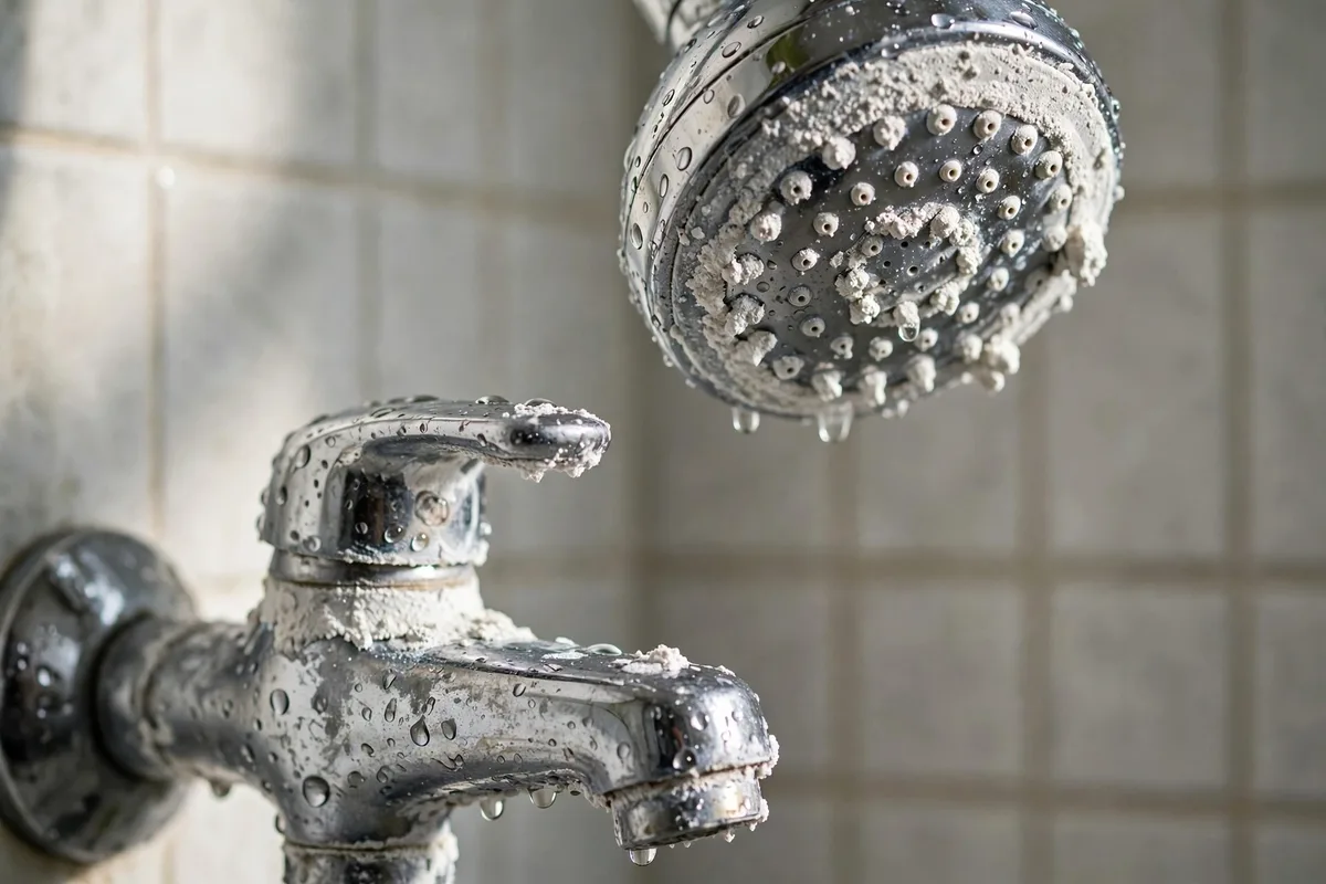 White mineral scale buildup on a chrome showerhead and faucet