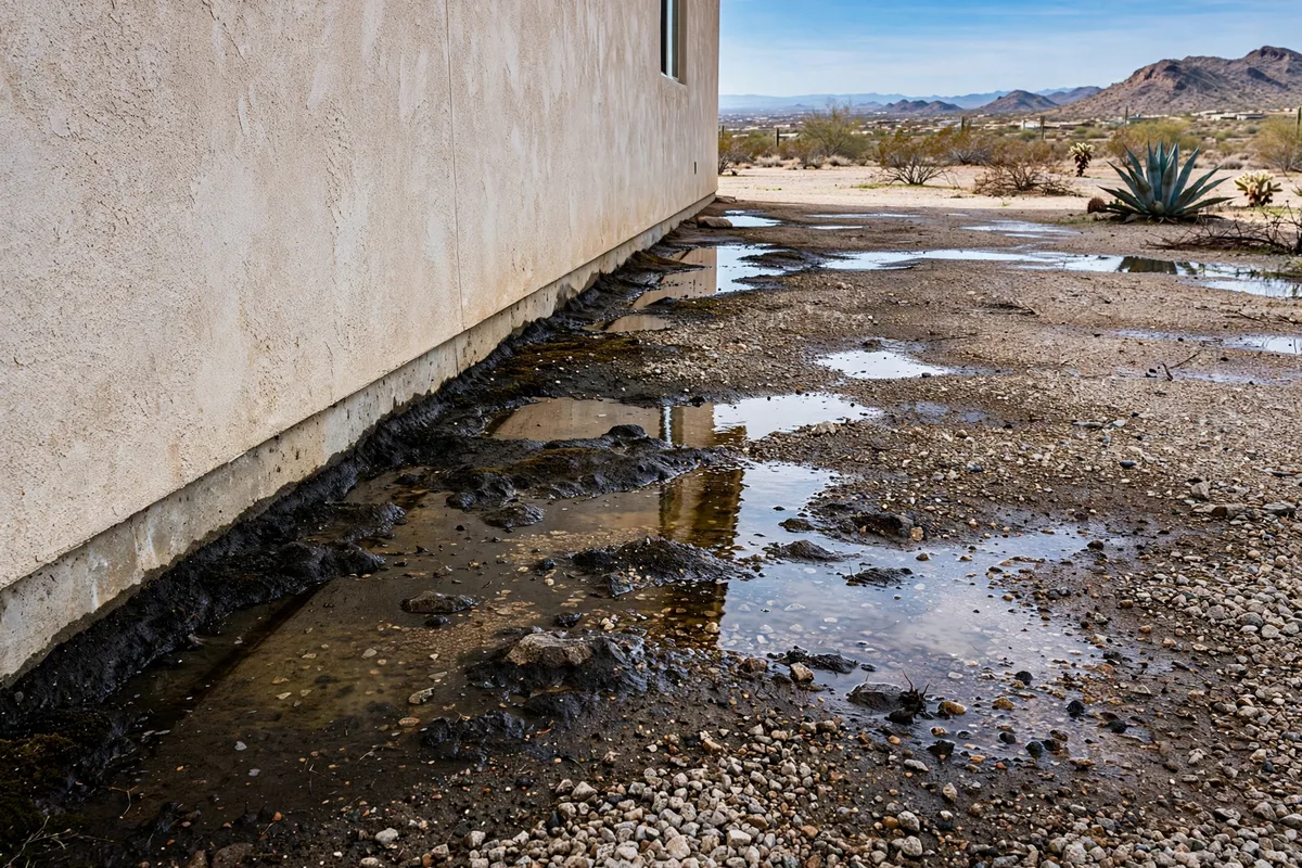Water pooling in gravel beside a stucco house foundation