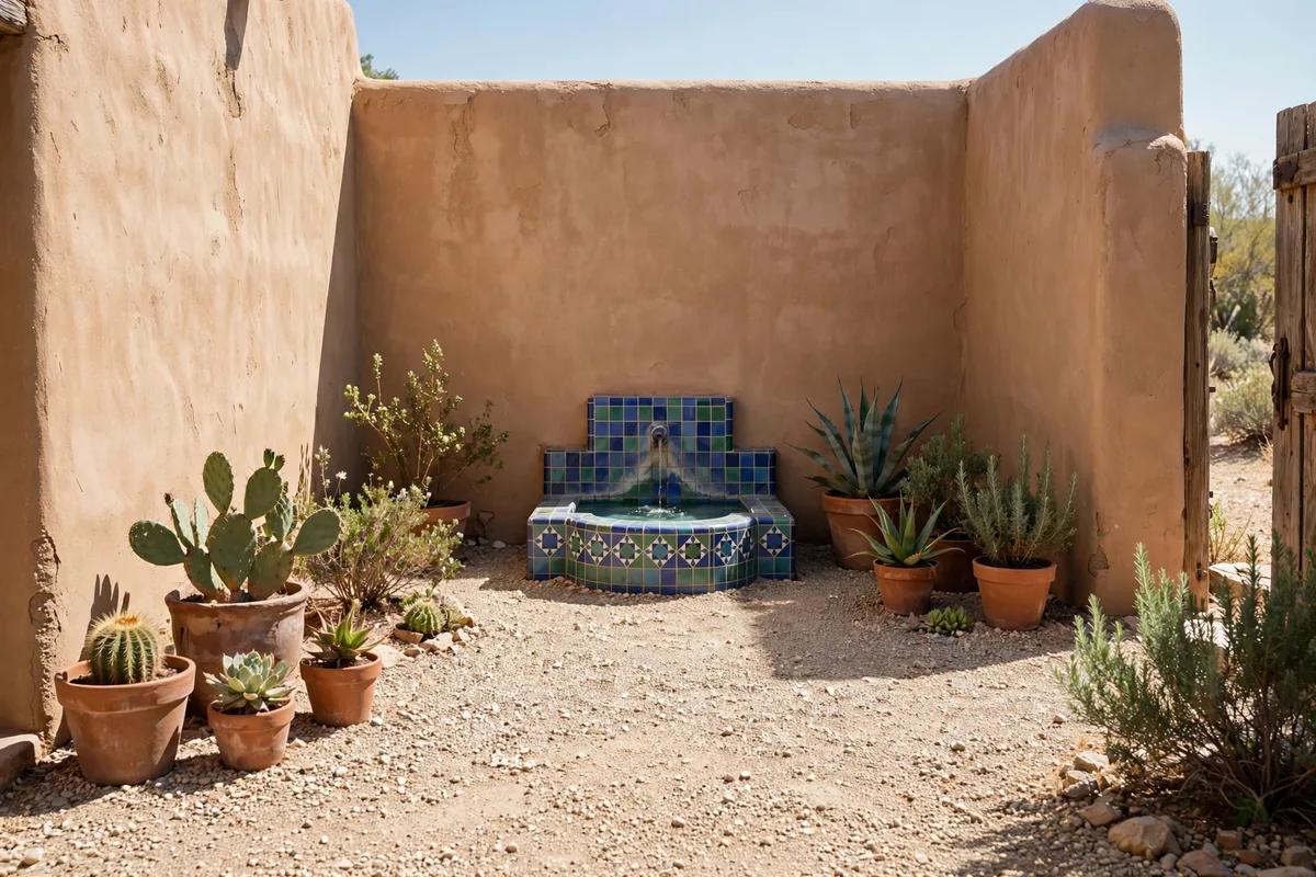 Stucco courtyard with a blue tile fountain and potted cacti
