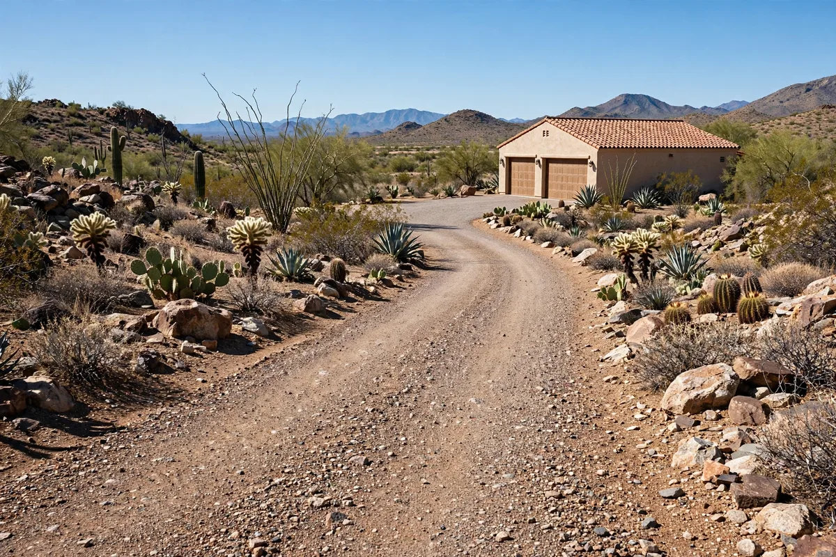 Gravel driveway leading to a stucco garage with desert landscaping