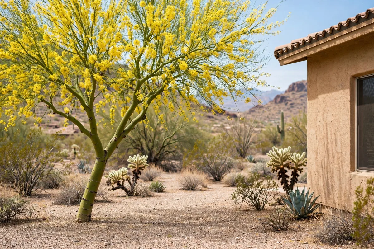 Palo verde tree with yellow blossoms beside a stucco home