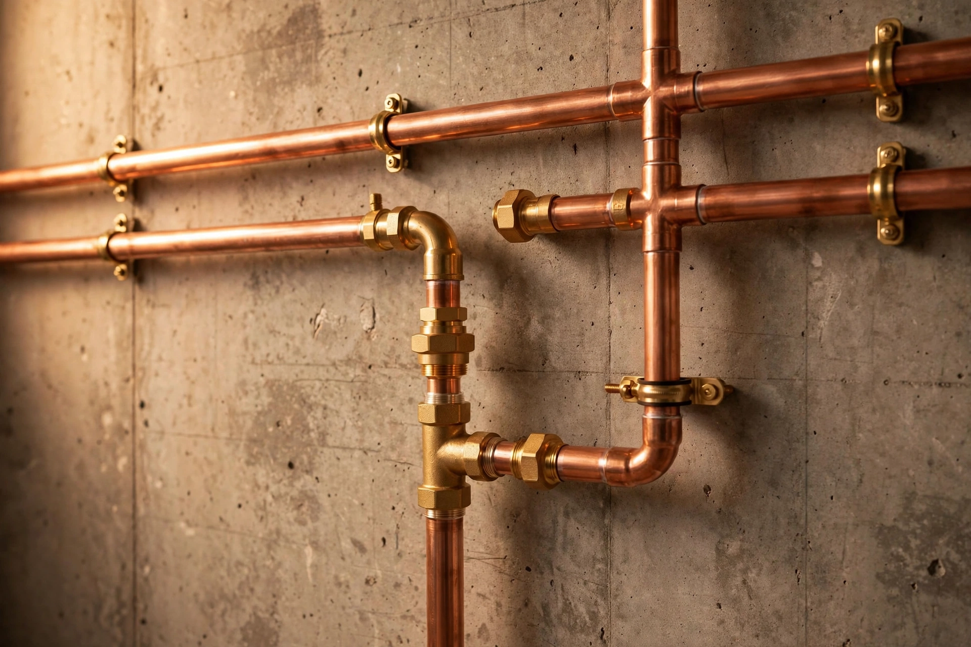 New copper water pipes with brass fittings mounted on a concrete wall
