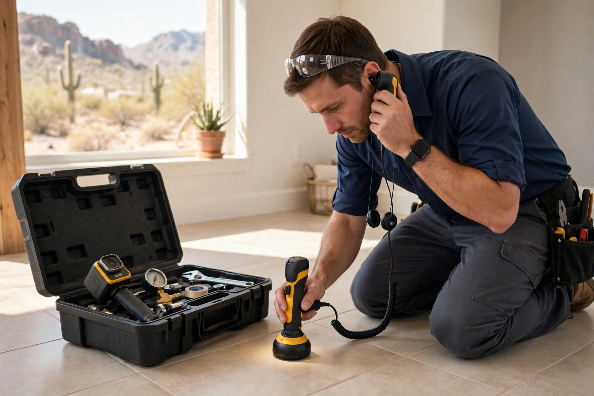 Technician using an acoustic listening device on a tile floor to pinpoint a slab leak