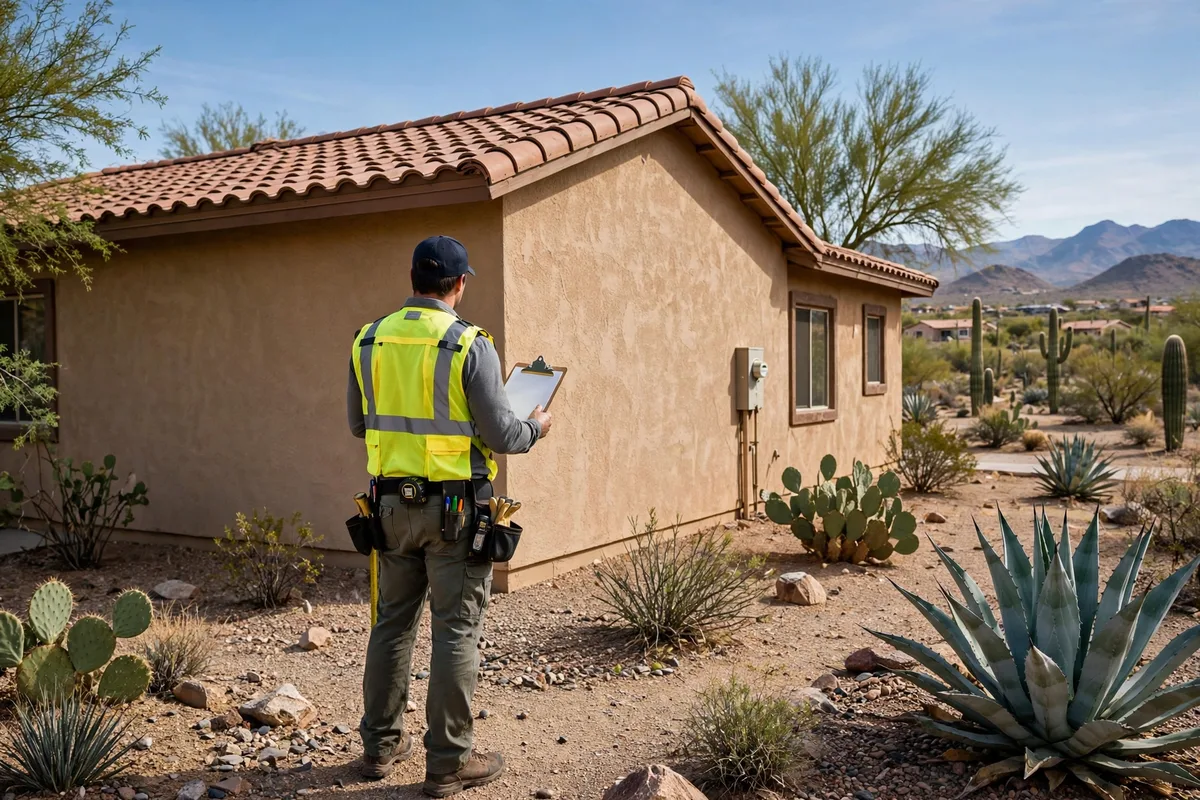 Inspector with a clipboard examining the exterior wall of a stucco home