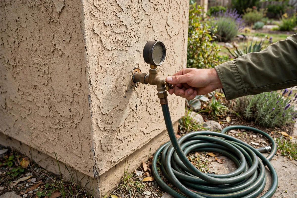 Hand turning a hose bibb with a pressure gauge attached to a stucco wall