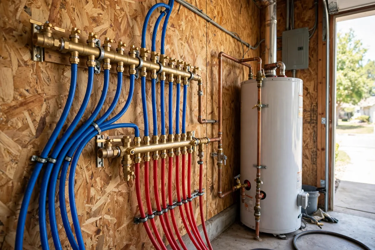 Brass water manifold with red and blue PEX lines beside a water heater