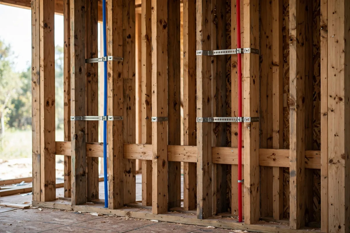 Red and blue PEX water lines routed along wooden wall studs