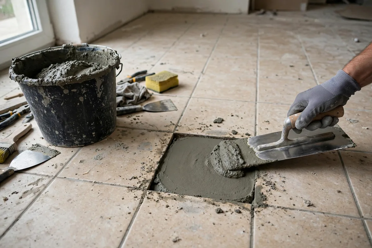 Gloved hand smoothing fresh concrete patch into a tile floor opening