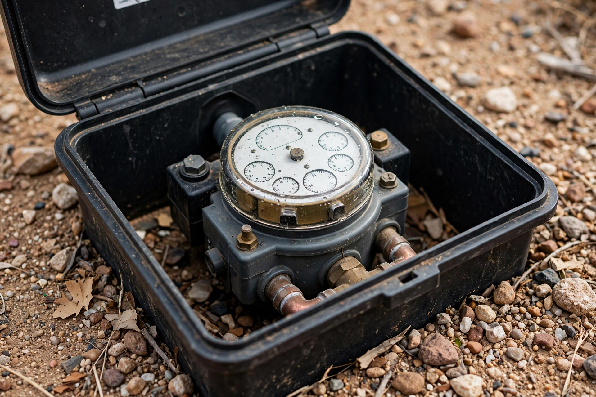 Residential water meter inside an open meter box in a gravel yard